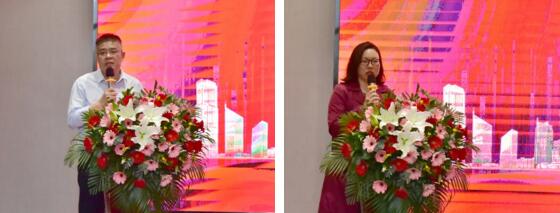 廈門市安全技術防范協(xié)會秘書長劉斐（左）、廈門市物聯(lián)網行業(yè)協(xié)會執(zhí)行秘書長雷婕（右）在會上致辭