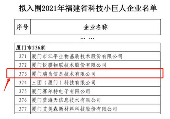贊！瑞為技術(shù)入圍2021福建省科技小巨人企業(yè)名單